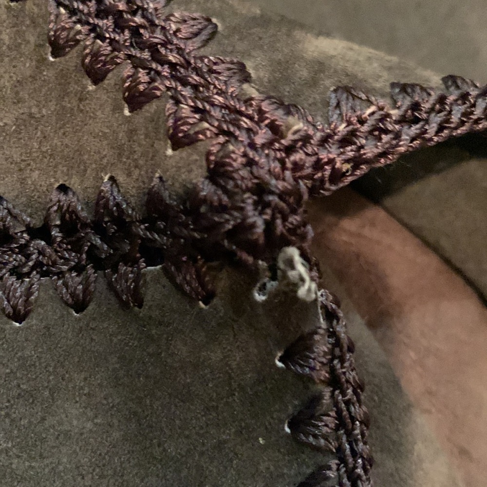 Brown Suede Leather Jacket With Crochet Bottom And Fringe Stitched Squares Med - Picture 12 of 12